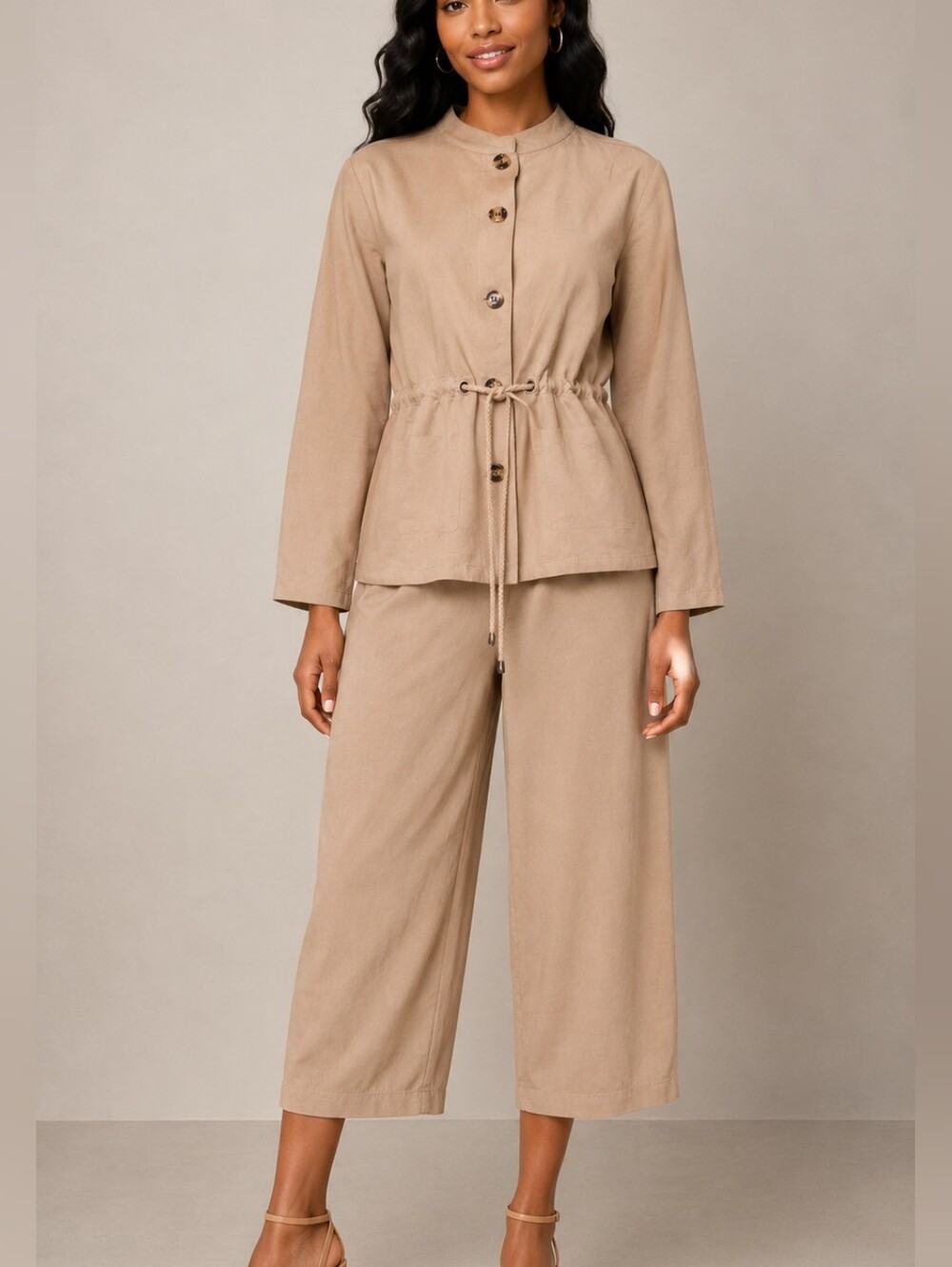 Appraisal Women’s Taupe Drawstring Waist Capri Pantsuit Sz 12/14 - Preloved